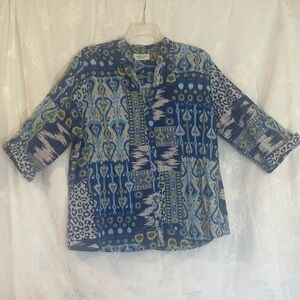 LEMON GRASS WOMAN 2X Blue and Green Patterned Blouse Preworn Great Condition